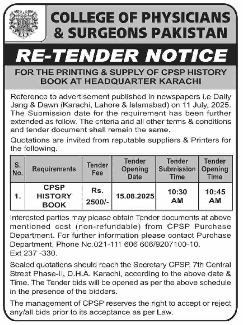 College of Physicians & Surgeons Pakistan Karachi Tender Notice